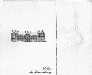 Carte de voeux "Palais du Luxembourg". Timbre sec du Sénat et dessin du palais du Luxembourg © Sénat